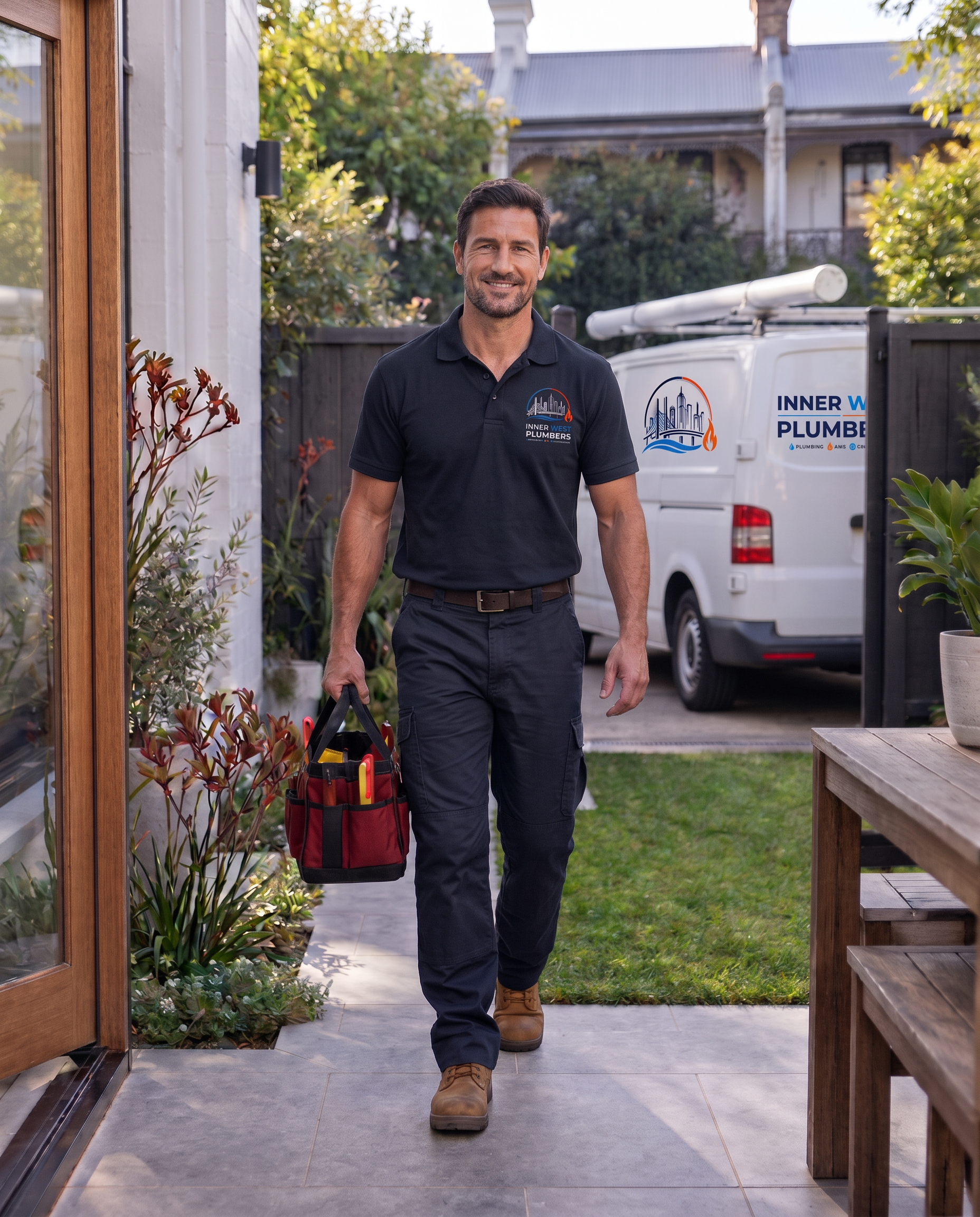 Friendly local plumber arriving at a Yarraville home